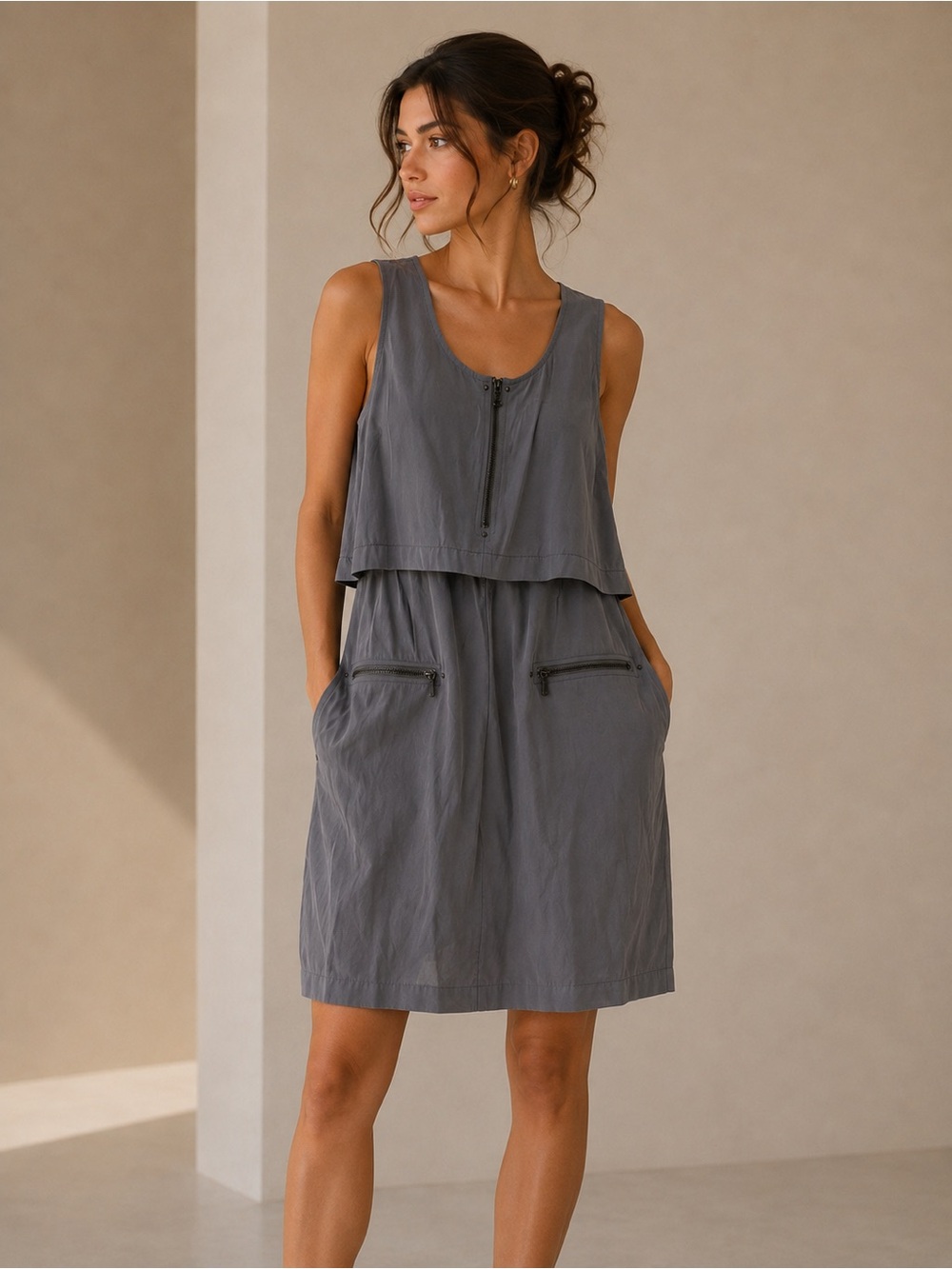 Kenneth Cole New York Sleeveless Layered Utility Zip Pocket Dress Size Small